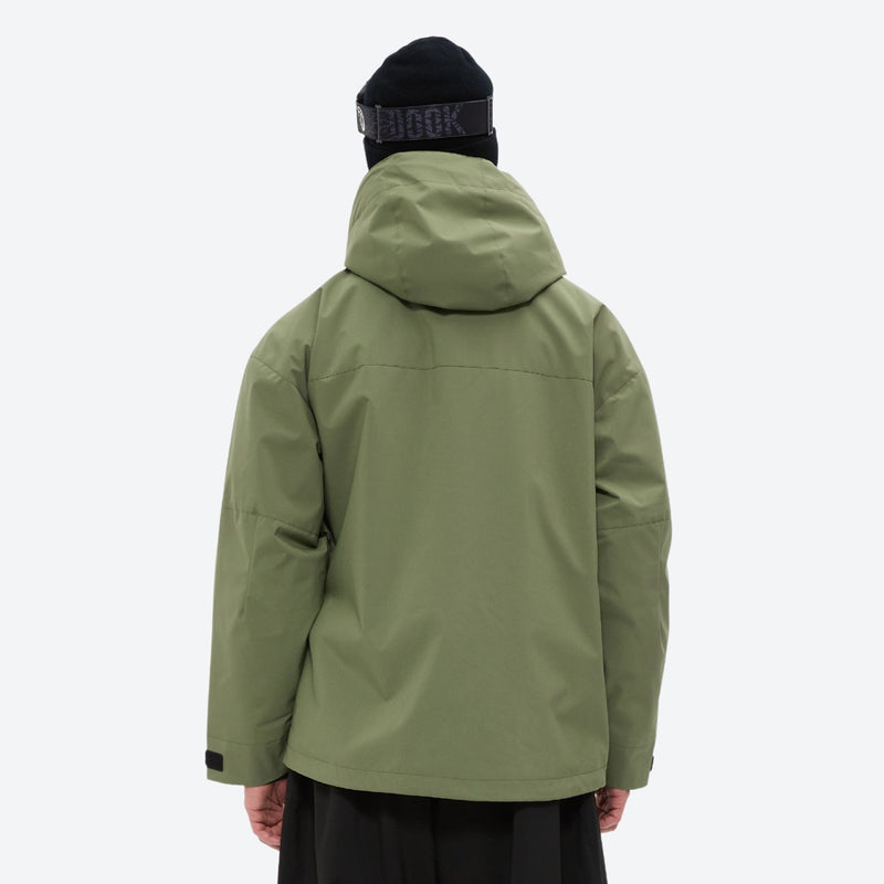 Men's 3-layer snowboard jacket and wide-leg pants - sage green jacket, on-model back view, for resort and street wear