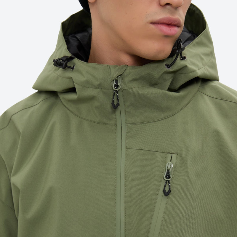 Men's 3-layer snowboard jacket and wide-leg pants - sage green jacket, collar close-up detail, for skiing and snowboarding