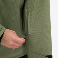 
                  
                    Men's breathable half-zip ski pullover set - sage green jacket, zip puller close-up with hand, for resort and street wear
                  
                