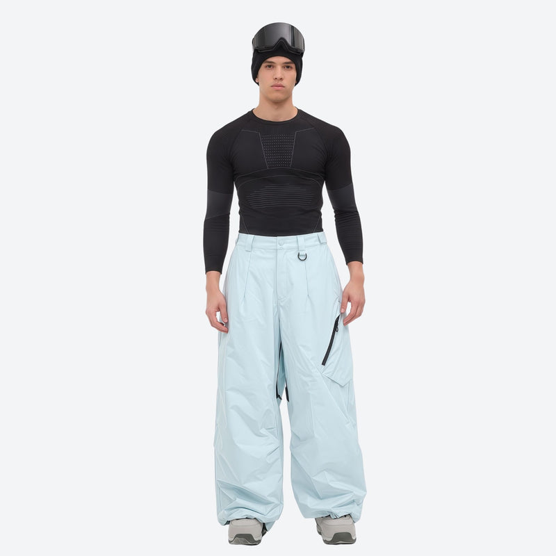 Men's waterproof 3L snow anorak jacket and pants series - ice blue snow pants with black top, on-model front view