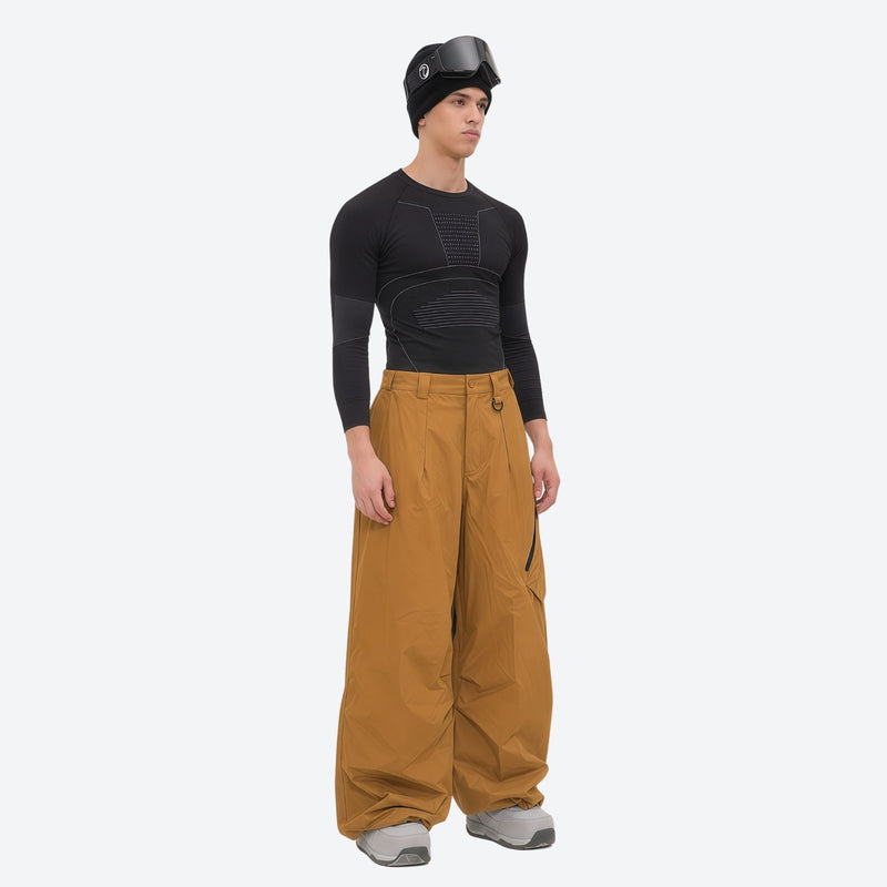 Men's breathable half-zip ski pullover set - coffee brown snow pants with black top, half-zip storm collar blocks wind