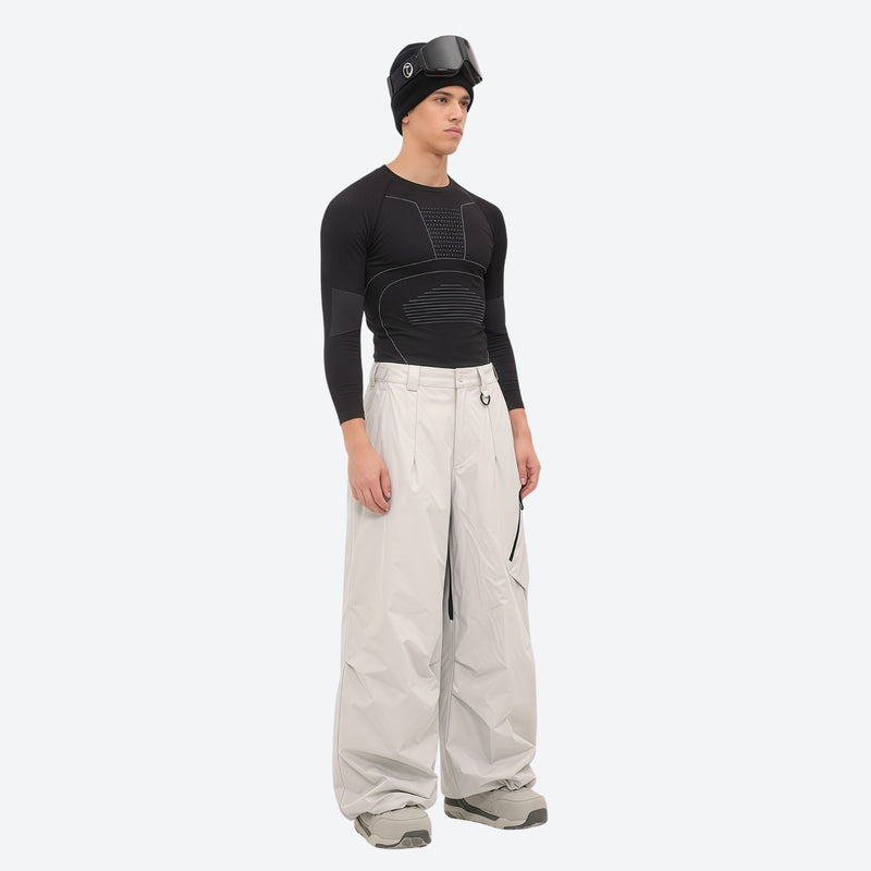 Men's waterproof 3L snow anorak jacket and pants series - off-white snow pants with black top, for cold-weather winter sports