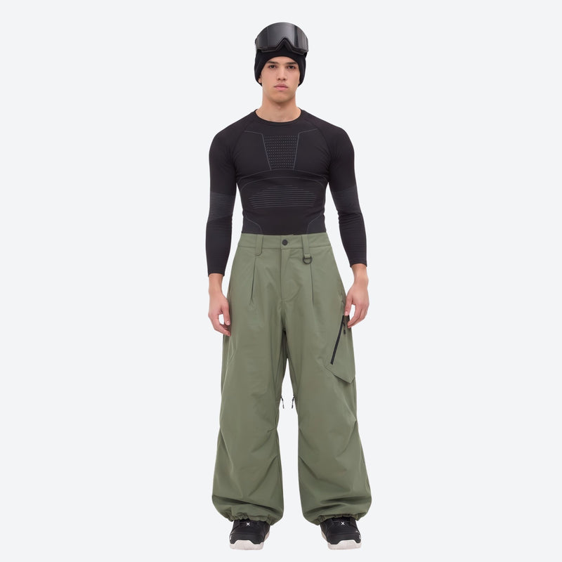 Men's breathable half-zip ski pullover set - sage green snow pants with black top, for skiing and snowboarding
