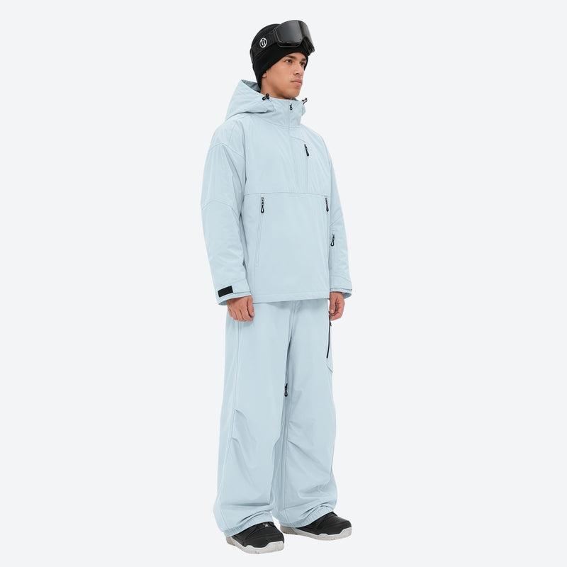 Men's waterproof 3L snow anorak jacket and pants series - ice blue jacket with ice blue pants, for resort and street wear