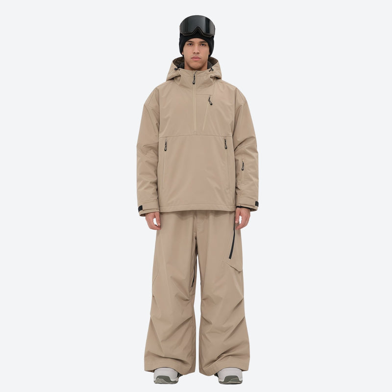 Men's breathable half-zip ski pullover set - tan jacket with tan pants, for cold-weather winter sports