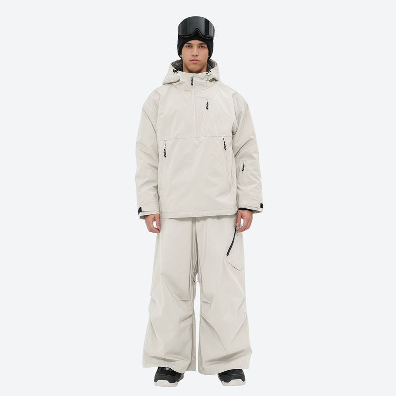 Men's breathable half-zip ski pullover set - off-white jacket with off-white pants, for skiing and snowboarding
