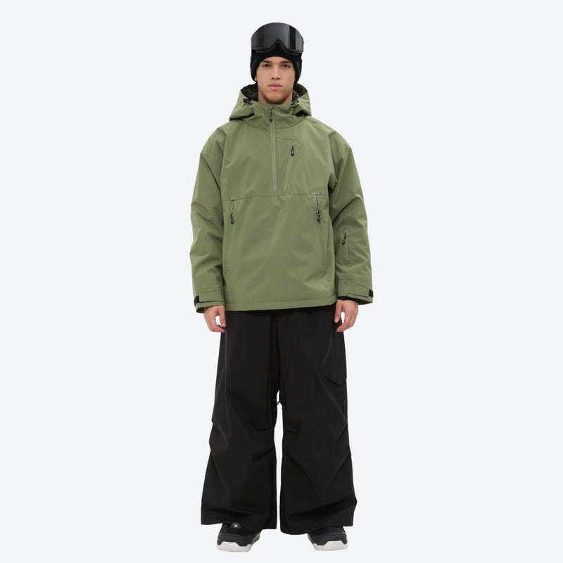 Men's breathable half-zip ski pullover set - sage green jacket with black pants, for powder days and winter commute