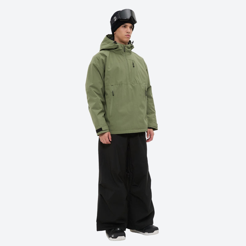 Men's 3-layer snowboard jacket and wide-leg pants - sage green jacket with black pants, for cold-weather winter sports