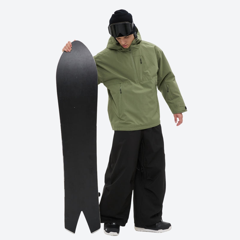 Men's waterproof 3L snow anorak jacket and pants series - sage green jacket with black pants, for cold-weather winter sports