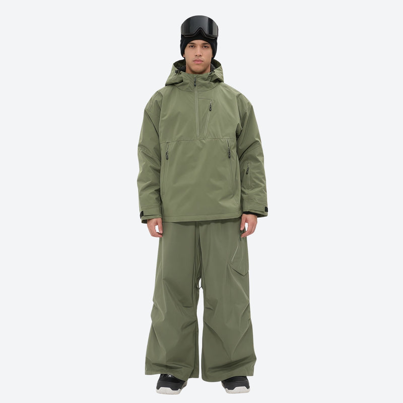 Men's waterproof 3L snow anorak jacket and pants series - sage green jacket with sage pants, on-model full-body front view