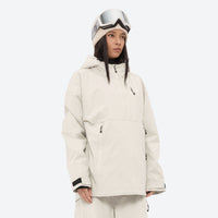 
                  
                    Women's waterproof 3L anorak snow jacket and pants - cream, on-model hood side view, for cold-weather winter sports
                  
                