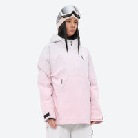 
                  
                    Women's breathable ski pullover set - light pink, on-model hood side view, for cold-weather winter sports
                  
                
