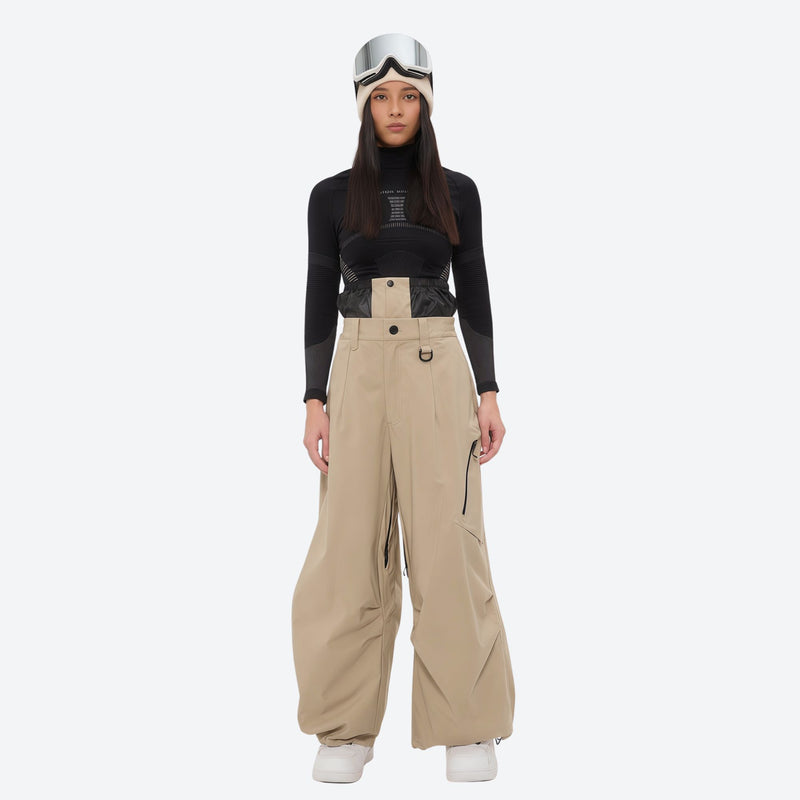 Women's 3-layer snowboard anorak and pants - tan snow pants, on-model front view, for skiing and snowboarding