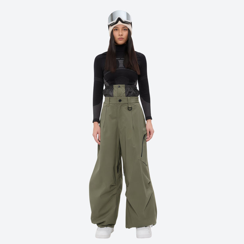 Women's waterproof 3L anorak snow jacket and pants - olive green snow pants, on-model front view, for skiing and snowboarding