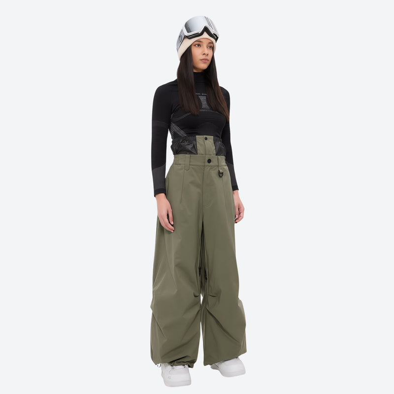 Women's breathable ski pullover set - olive green snow pants, on-model front view, for resort and backcountry days