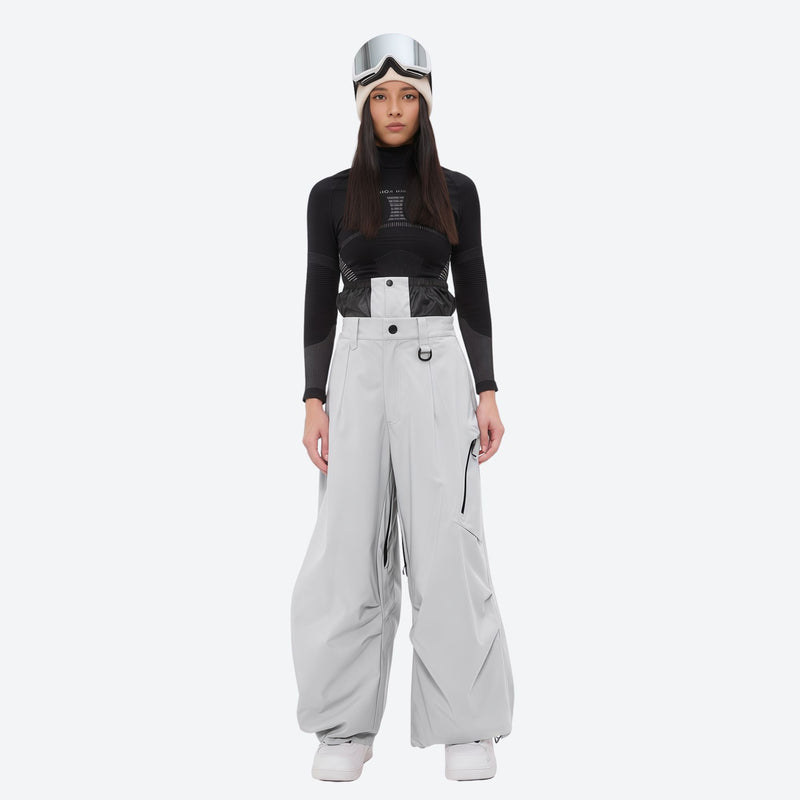 Women's 3-layer snowboard anorak and pants - light gray snow pants, on-model front view, for resort and backcountry days