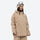 Women's waterproof 3L anorak snow jacket and pants - tan, on-model hood side view, for powder and piste riding