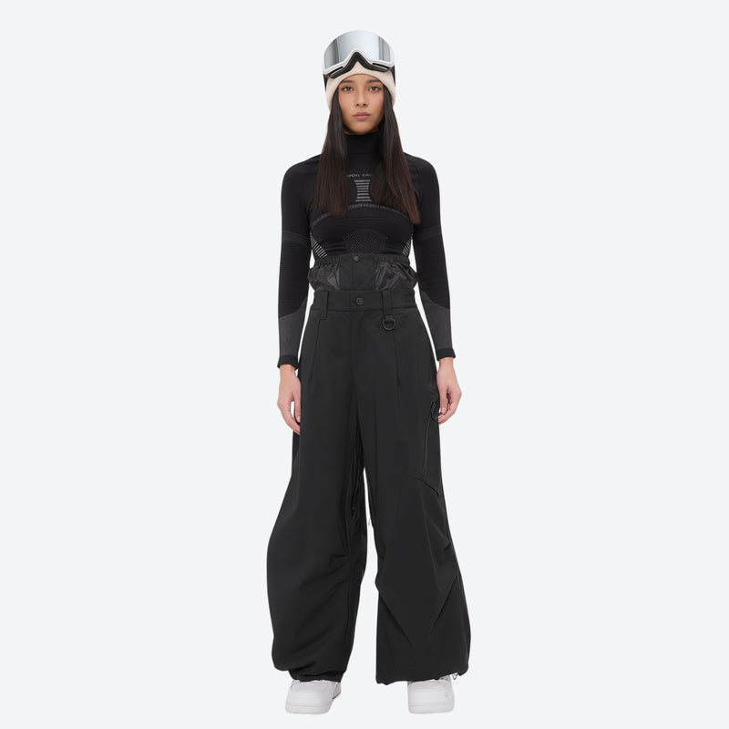 Women's 3-layer snowboard anorak and pants - black snow pants, on-model front view, for powder and piste riding