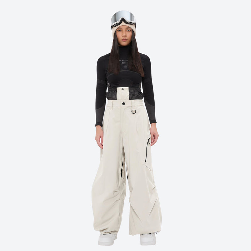Women's 3-layer snowboard anorak and pants - cream snow pants, on-model front view, for powder and piste riding