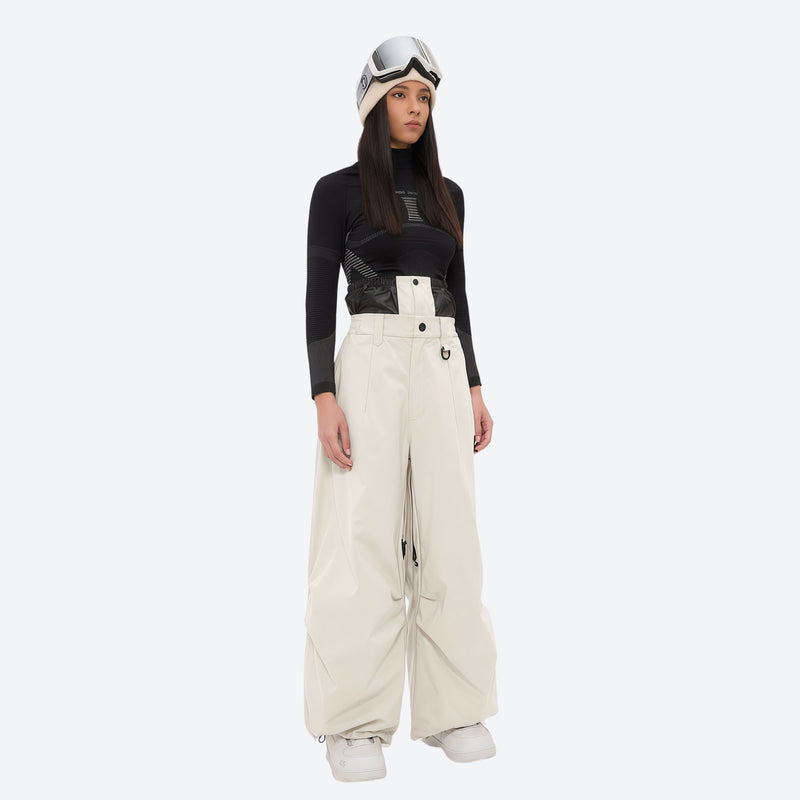 Women's waterproof 3L anorak snow jacket and pants - cream snow pants, on-model front view, for cold-weather winter sports