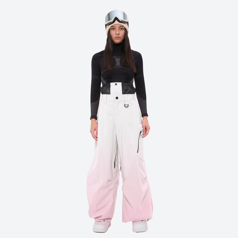 Women's breathable ski pullover set - white and pink gradient snow pants, on-model front view, for powder and piste riding