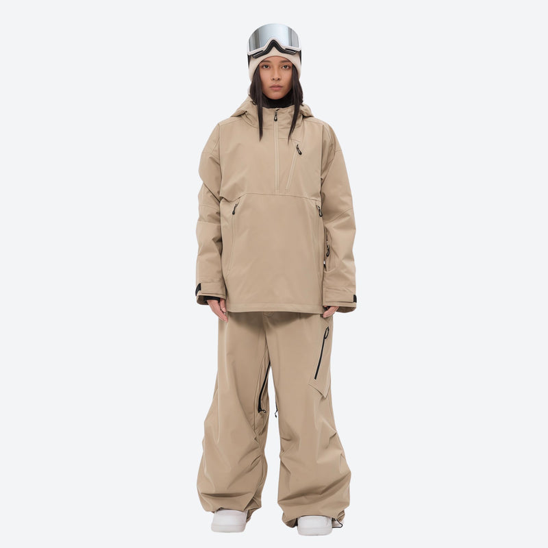 Women's breathable ski pullover set - tan jacket with tan pants, for cold-weather winter sports