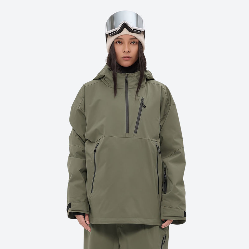 Women's waterproof 3L anorak snow jacket and pants - olive green, for resort and backcountry days