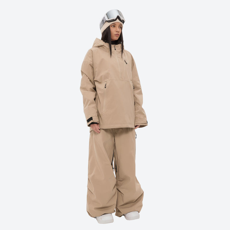 Women's breathable ski pullover set - tan jacket with tan pants, for powder and piste riding