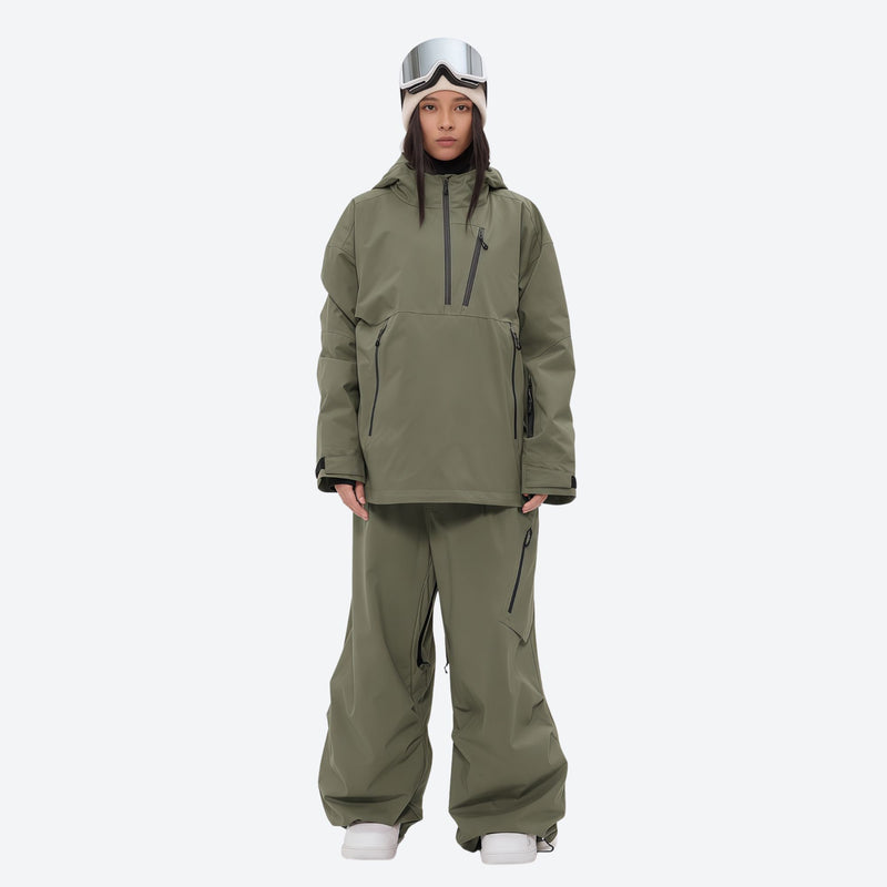 Women's 3-layer snowboard anorak and pants - olive green jacket with olive pants, for resort and backcountry days