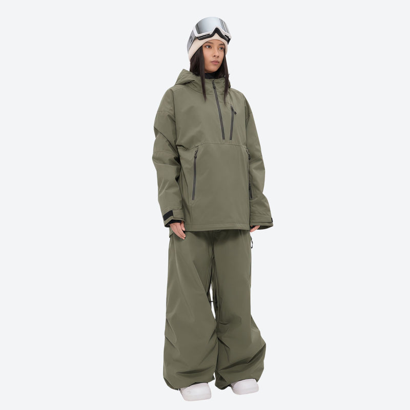 Women's 3-layer snowboard anorak and pants - olive green jacket with olive pants, for cold-weather winter sports