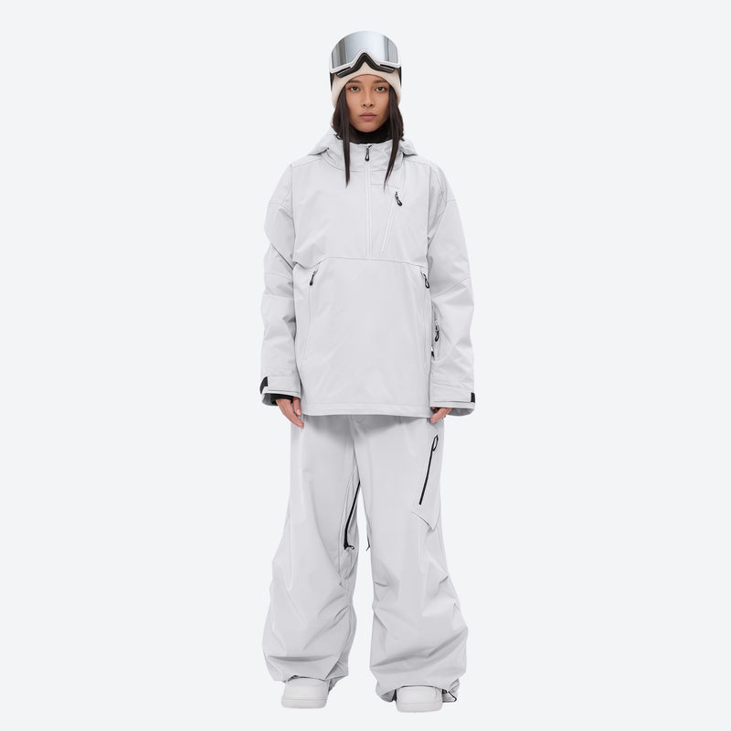 Women's waterproof 3L anorak snow jacket and pants - light gray jacket with light gray pants, for powder and piste riding