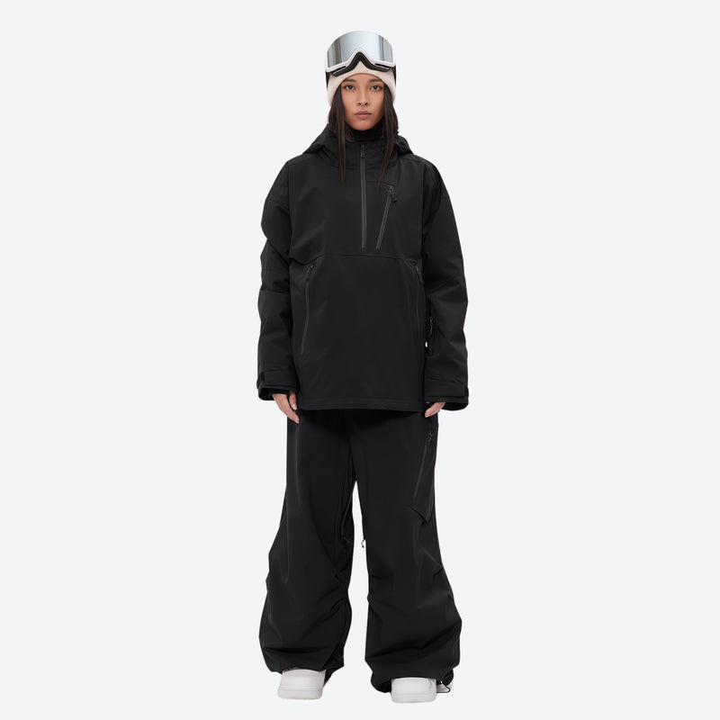 Women's breathable ski pullover set - black jacket with black pants, for skiing and snowboarding