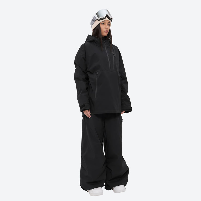 Women's breathable ski pullover set - black jacket with black pants, for resort and backcountry days