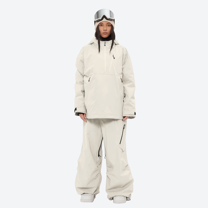 Women's waterproof 3L anorak snow jacket and pants - cream jacket with cream pants, for powder and piste riding