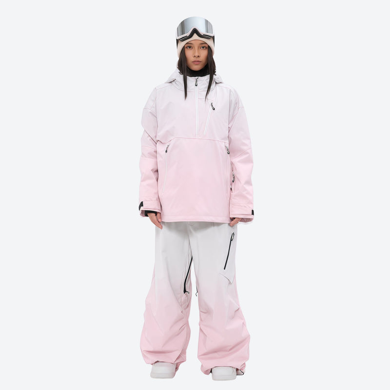 Women's waterproof 3L anorak snow jacket and pants - light pink jacket with gradient pants, for skiing and snowboarding