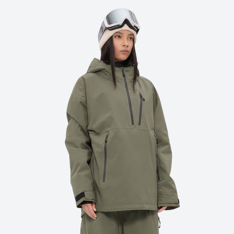 Women's breathable ski pullover set - olive green, on-model three-quarter front view, for powder and piste riding