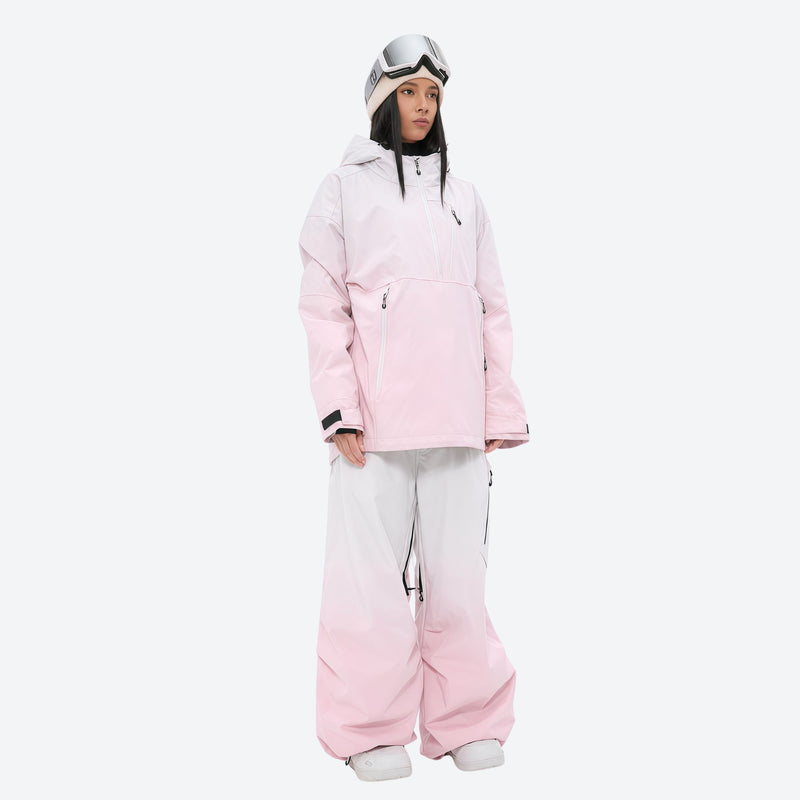 Women's breathable ski pullover set - light pink jacket with gradient pants, for resort and backcountry days
