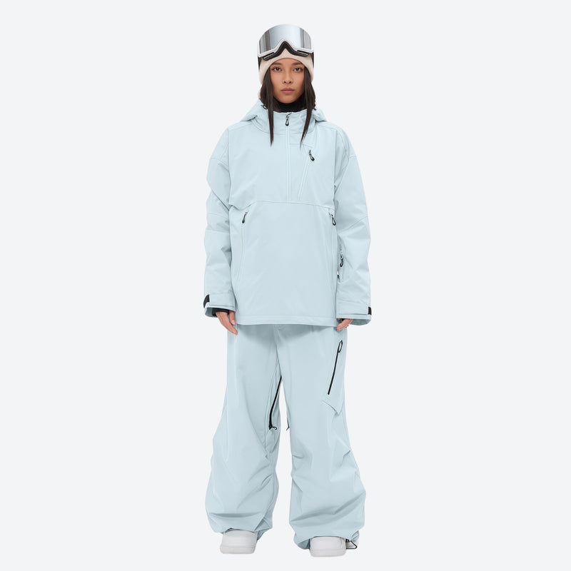 Women's waterproof 3L anorak snow jacket and pants - ice blue jacket with ice blue pants, for resort and backcountry days