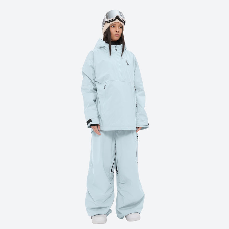 Women's 3-layer snowboard anorak and pants - ice blue jacket with ice blue pants, for powder and piste riding