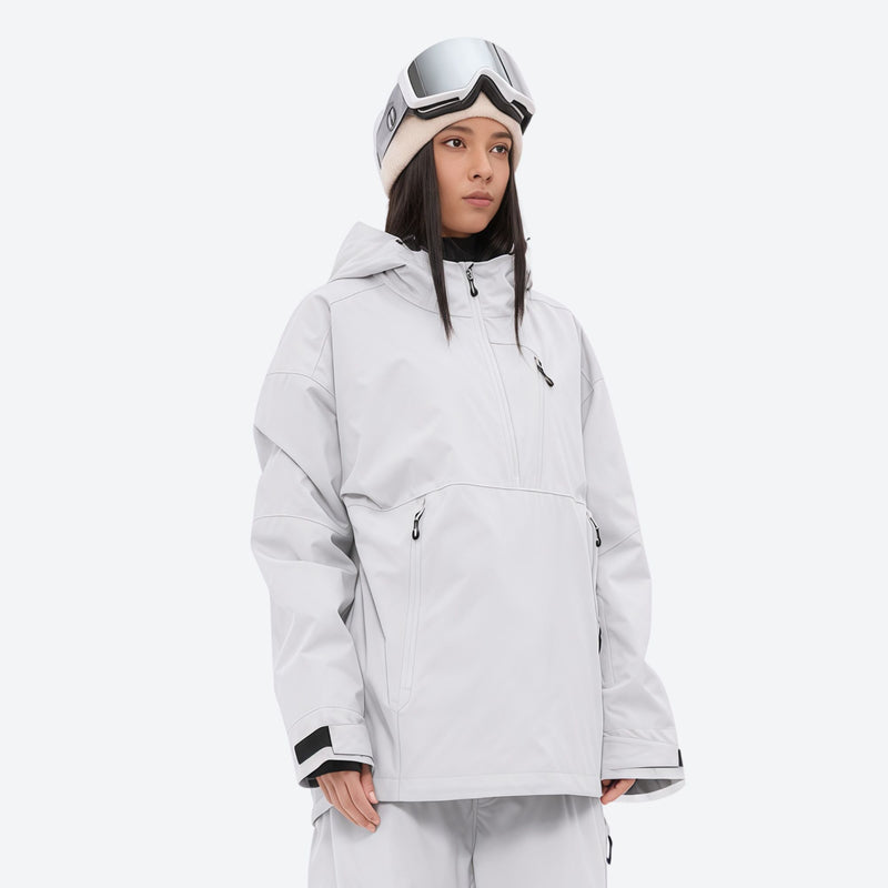 Women's breathable ski pullover set - light gray, on-model three-quarter front view, for skiing and snowboarding