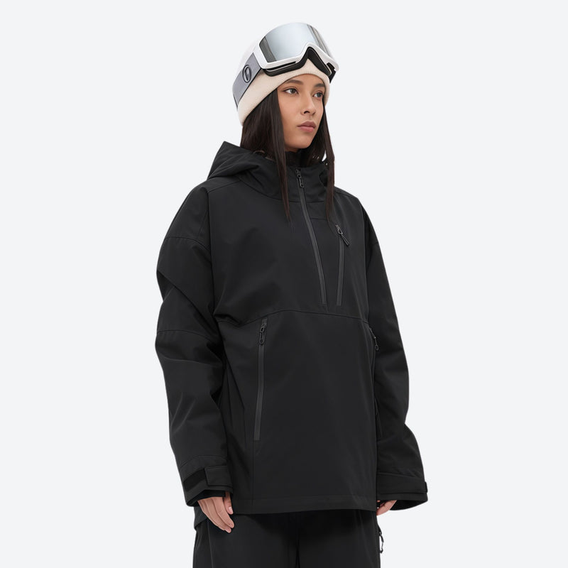 Women's 3-layer snowboard anorak and pants - black, on-model three-quarter front view, for resort and backcountry days