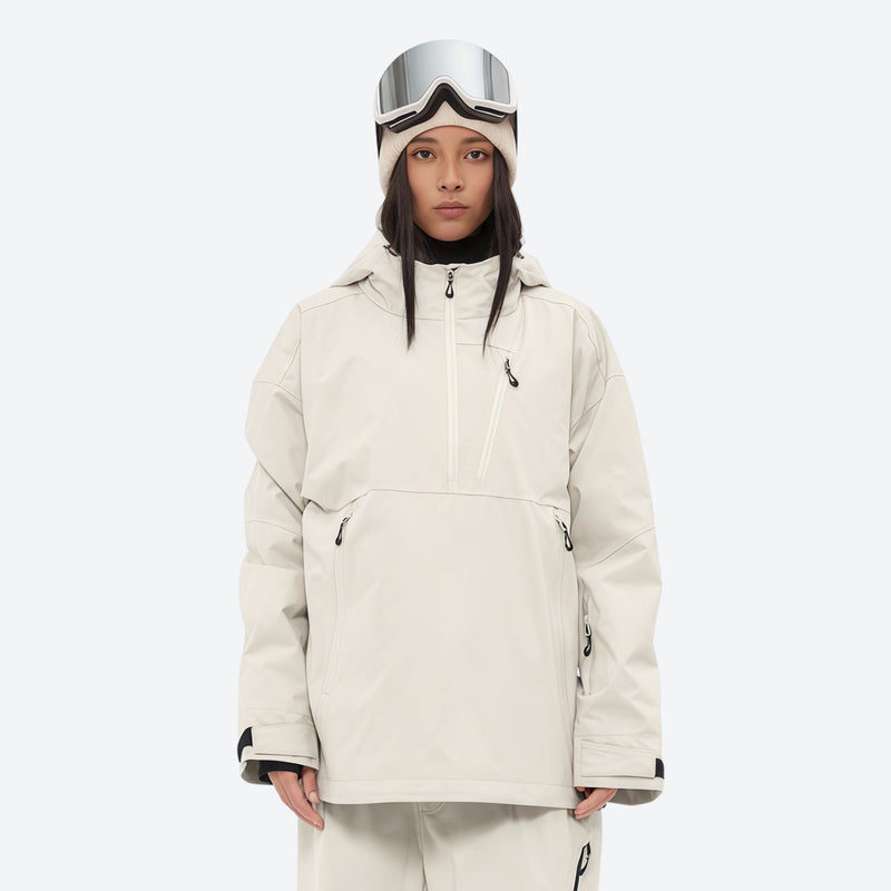 Women's breathable ski pullover set - cream, on-model front with goggles on head, for skiing and snowboarding
