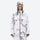 Women's 3-layer snowboard jacket and pants - white marble print jacket, on-model front view, for resort and backcountry days