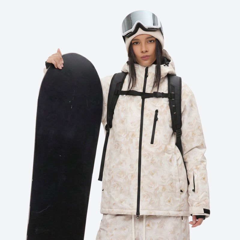 Unisex printed snowboard jacket and bibs - cream tan marble print, for skiing and snowboarding