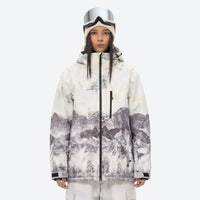 
                  
                    Women's waterproof 3L snow jacket and pants series - white mountain print jacket, for resort and backcountry days
                  
                