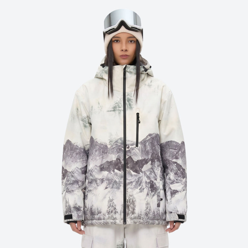 Women's waterproof 3L snow jacket and pants series - white mountain print jacket, for resort and backcountry days