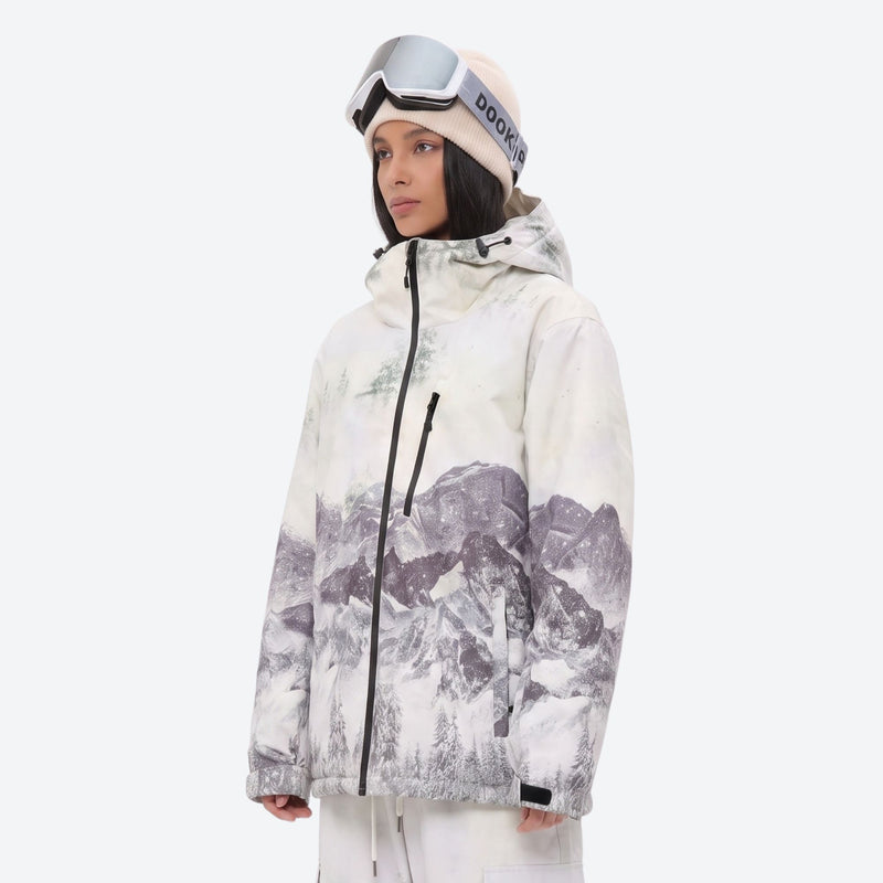 Women's 3-layer snowboard jacket and pants - white mountain print jacket, for cold-weather winter sports