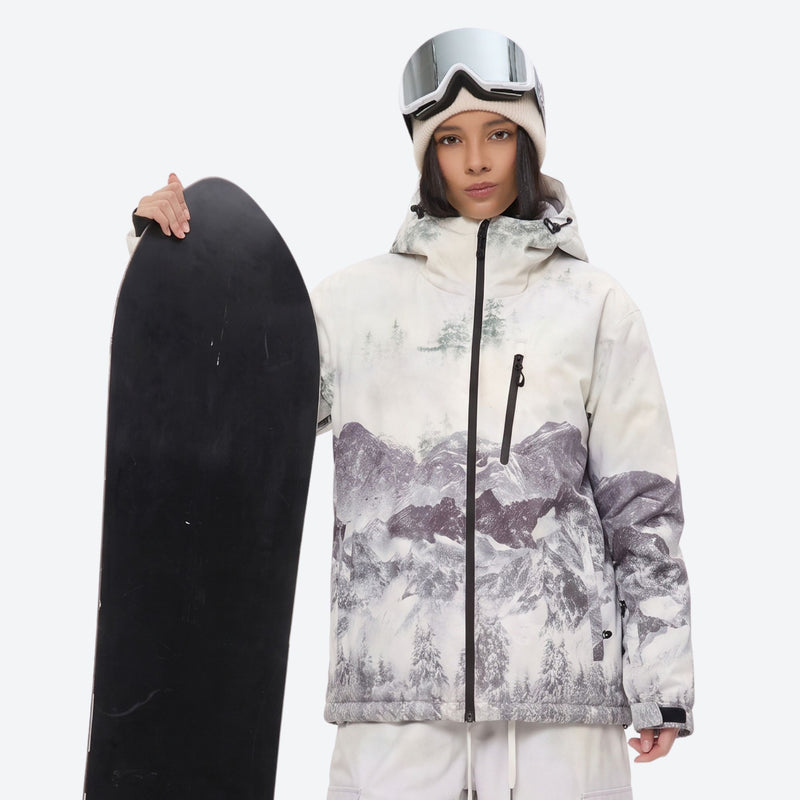 Women's breathable printed ski jacket set - white mountain print jacket, for powder and piste riding