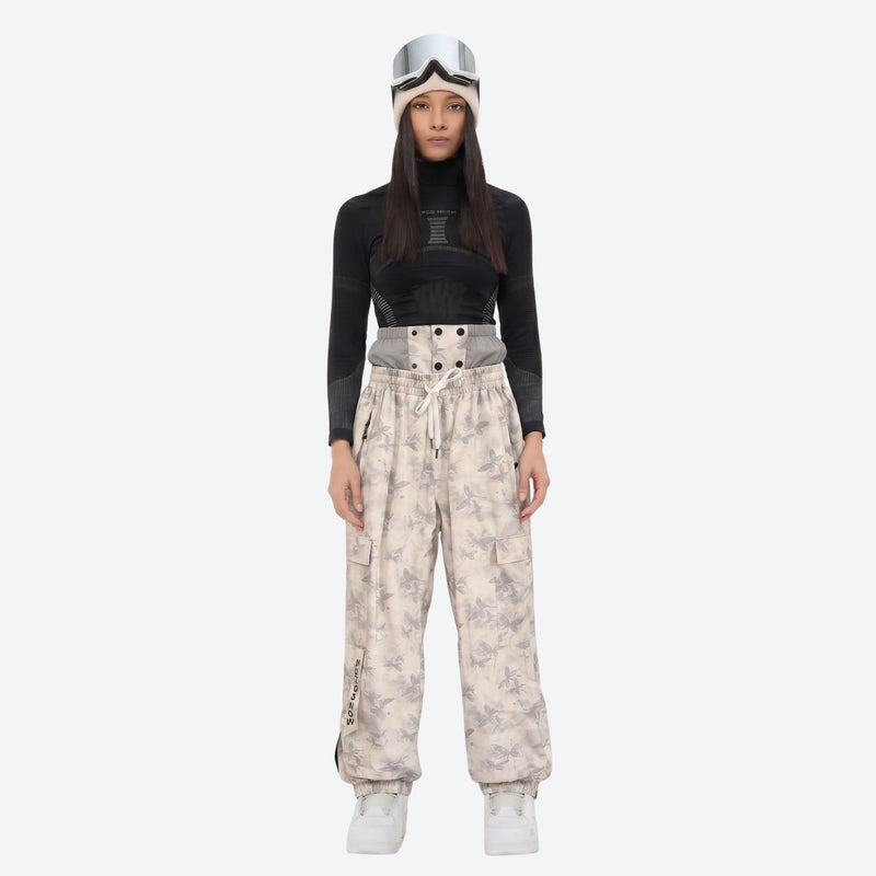 Unisex waterproof 3L snow jacket and bib pants series - cream tan marble print bib pants, for powder and piste riding
