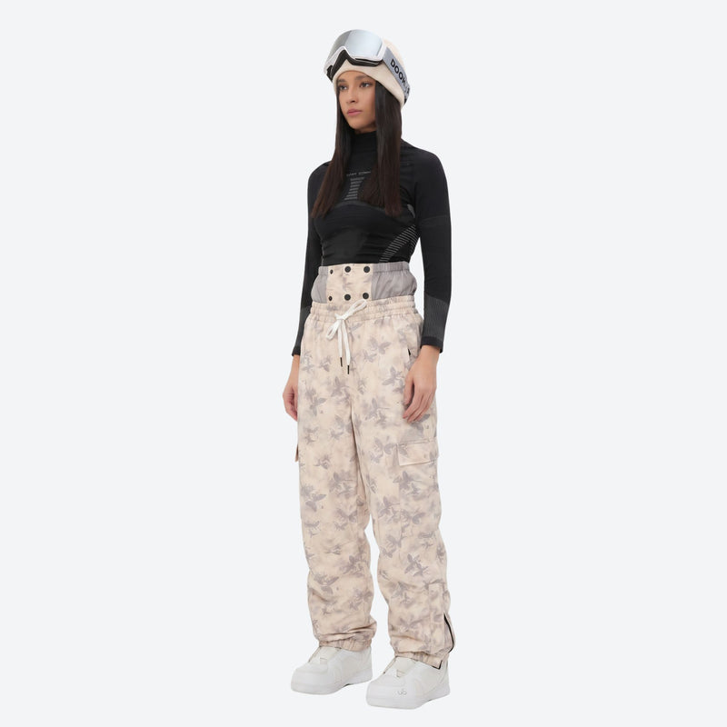 Breathable 3-layer ski jacket and suspender pants set - cream tan marble print bib pants, for cold-weather winter sports
